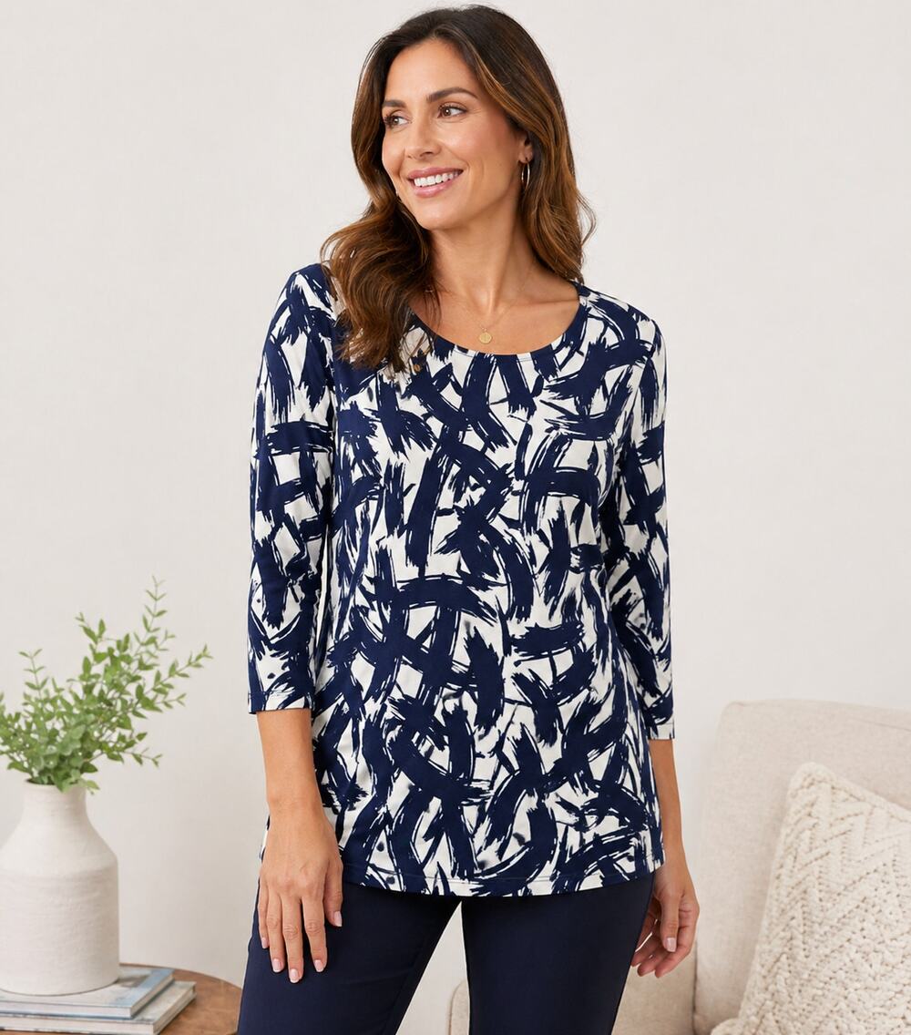 JM Collection XL Navy White Abstract Print Top 3/4 Sleeve Stretch Blouse